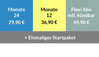 Monate 24  29,90 €  Monate 12  36,90 €  Flexi Abo mtl. kündbar  49,90 € + Einmaliges Startpaket